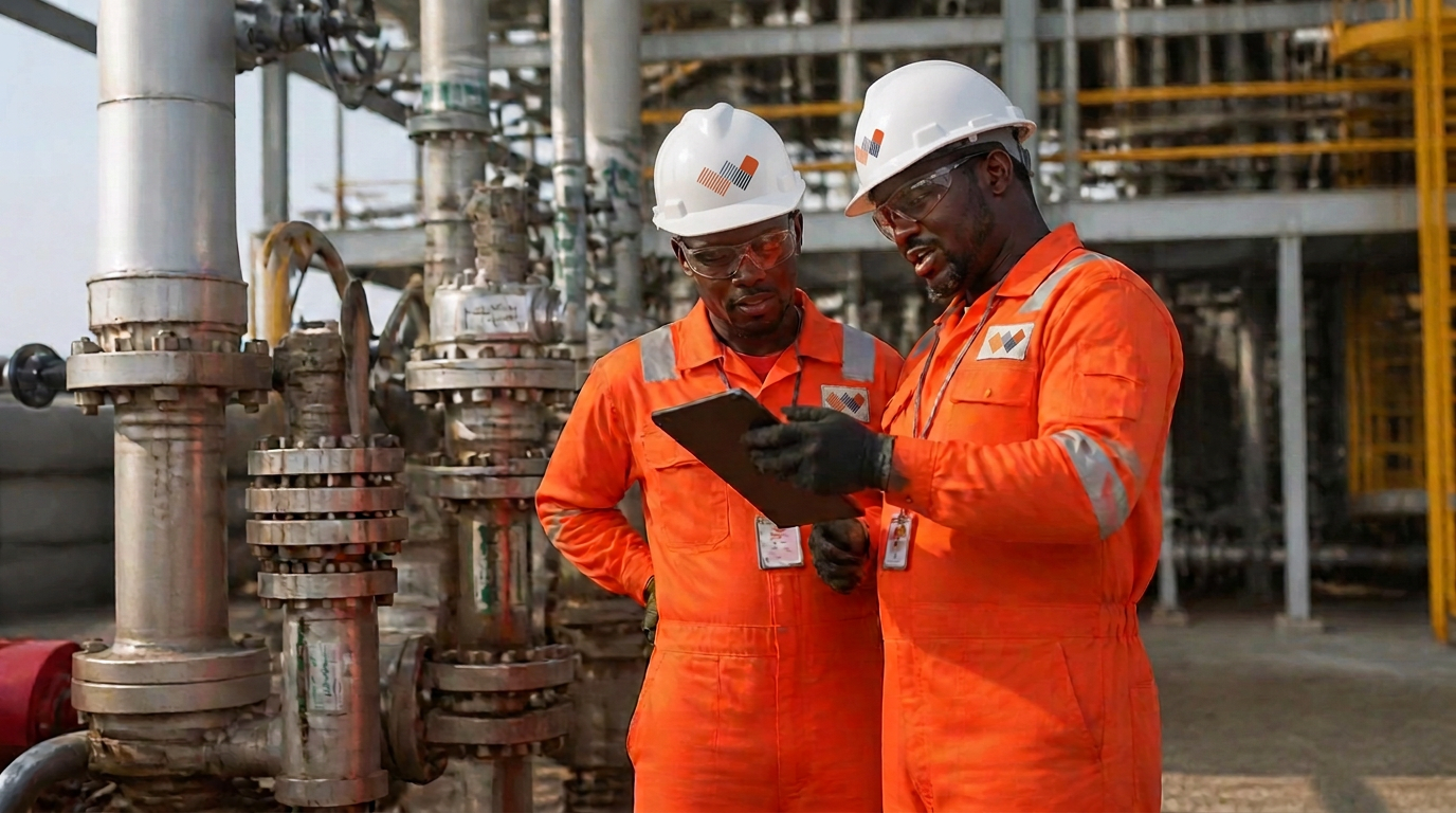 Nigerian engineers working on industrial process equipment