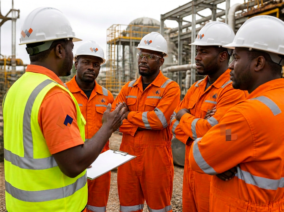 Safety briefing with field personnel in protective equipment