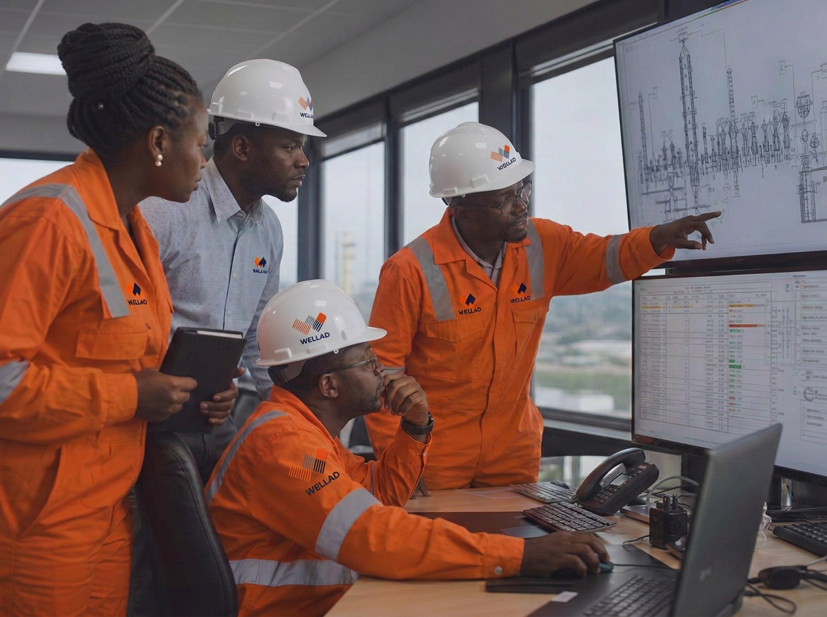 Nigerian technical consultants reviewing drilling and production schematics