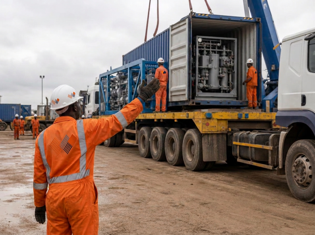 Oilfield logistics yard with heavy haulage trucks being loaded